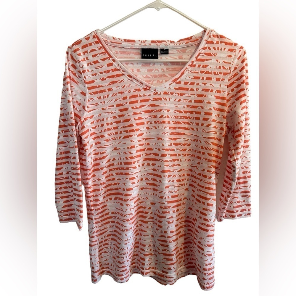 Tribal Casual FloralSummer Blouse Womens Medium Orange & White Striped Tropical